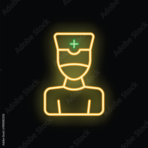 Bright yellow neon sign of a nurse wearing a surgical mask and hat glowing on a black background