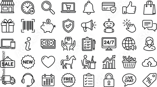 E-commerce icons, shopping symbols, customer service tools, online store elements, payment visuals, delivery signs, digital commerce graphics, vector line set