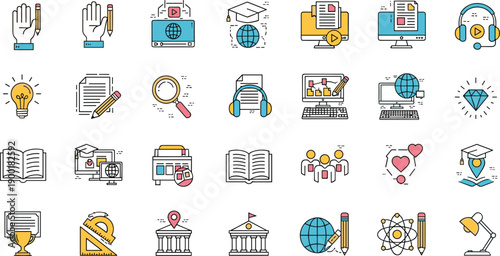 Education and online learning icon set, e learning, study tools, digital classroom, knowledge, school, university, flat vector illustration design, collection