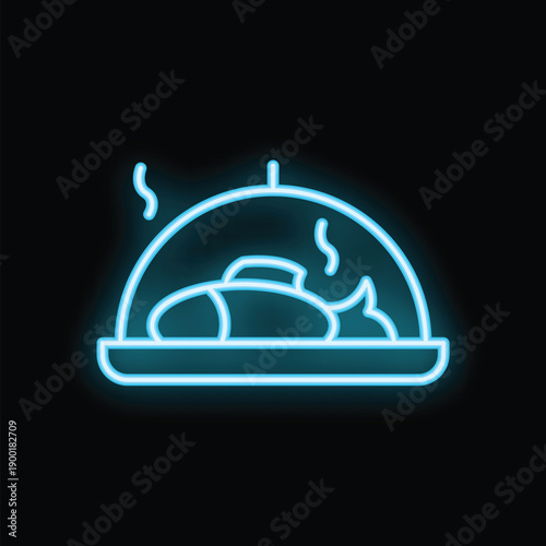 Blue neon sign of a steaming hot meal on a platter being kept warm with a food cover
