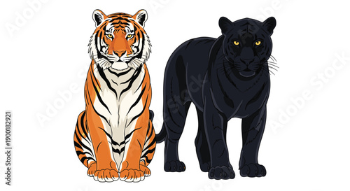 A majestic tiger sitting beside a sleek black panther, showcasing powerful big cats on white background.