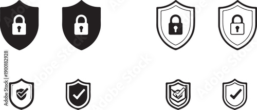 Security shield icon set, protective shield symbols with padlock and check mark, vector illustration.