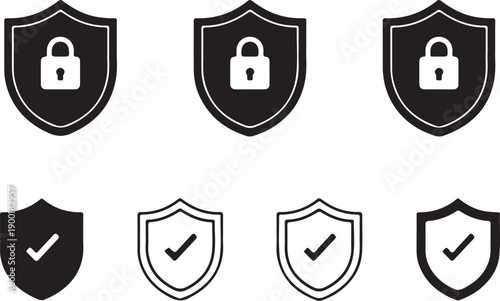 Security shield icon set with check mark symbols for protection and safety verification,Security shield sign vector illustration, Lock security icon, Set of security shield
