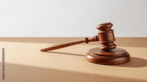 Wooden judge gavel on desk with sound block law and justice symbol courtroom object brown color detailed texture on beige surface white background