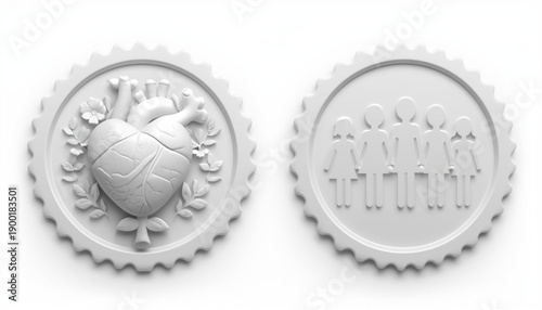 A vector graphic illustration of two gray medical badges, one with a heart and the other with people, on a white background. women's day