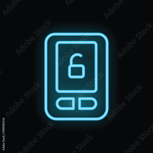 Neon glowing sign of a mobile phone with an unlocked padlock on the screen symbolizing cyber security
