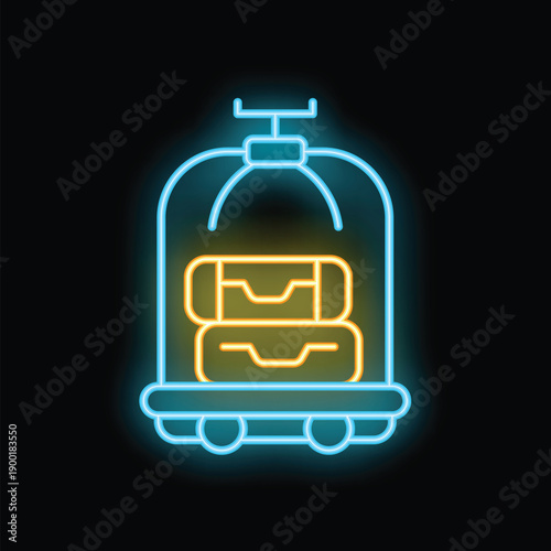 Glowing neon line luggage cart icon isolated on black background. Hotel trolley. Vector illustration