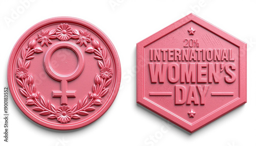 A pink vector graphic illustration of International Women's Day badges women's day