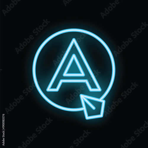 Bright blue neon sign showing letter a with mouse cursor pointing at it, on black background