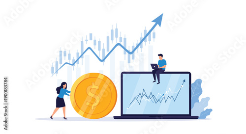 Woman pushing a large coin, man working on a laptop, with an upward-trending stock market graph.