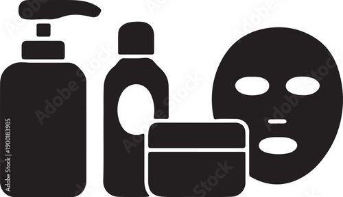 Collection of skincare products including a pump bottle lotion bottle cream jar and face mask flat vector icons for beauty and cosmetic concepts isolated on white background