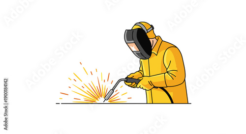 Professional welder in yellow protective gear creating bright sparks, representing industrial work.