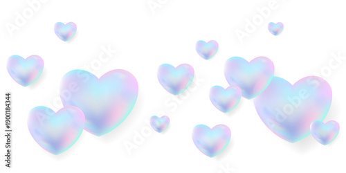 PNG isolated 3D flying holographic hearts soap bubbles, iridescent transparent banner with light refraction prism effect and rainbow glow on transparent background.