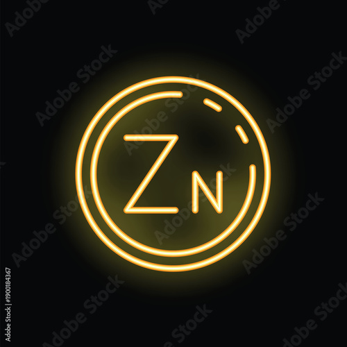 Bright yellow neon sign in the shape of a circle, representing the chemical element zinc on a black background