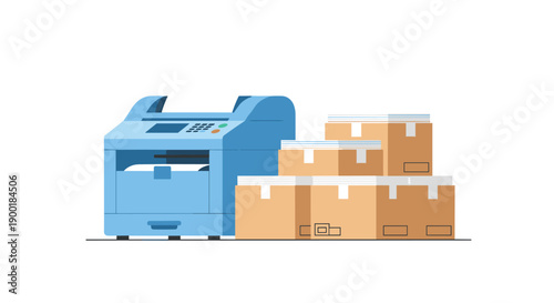 Commercial printer with stacked cardboard boxes, representing office logistics, shipping, or supply chain.