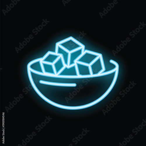 Neon sign of a bowl full of sugar cubes glowing blue against a black background