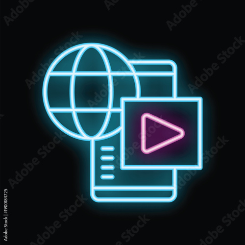 Neon sign representing a smartphone with a video player and a globe, suggesting global video streaming services