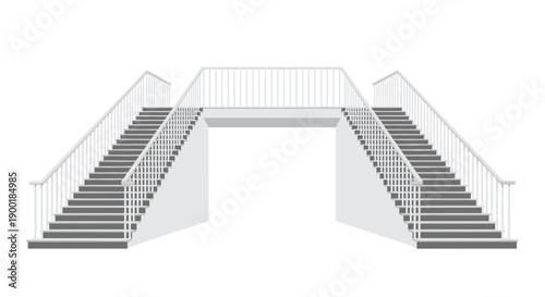 Symmetrical white staircase with grey steps and railings, depicting architectural design and accessibility.