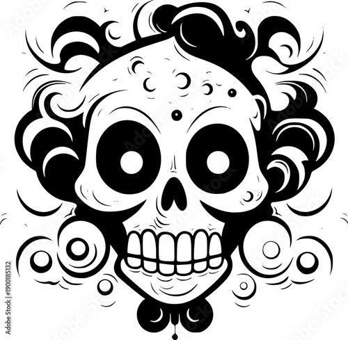 Playful skull face with large round eyes and toothy grin, swirling ornamental accents surrounds the head, black and white graphic