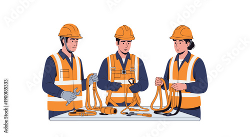 Three construction workers inspecting safety harnesses and equipment, emphasizing workplace safety training.