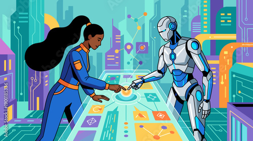 Futuristic Collaboration: A Human and Robot Working Together on a Transparent Touchscreen in a Vibrant Cyberpunk City, Emphasizing Technological Advancement and Teamwork