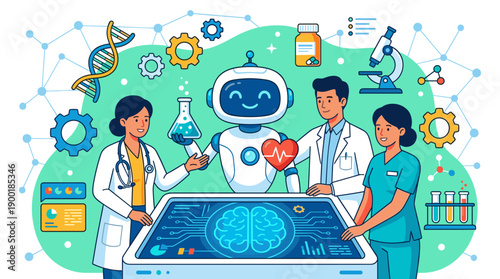 Illustrative Depiction of AI-Powered Healthcare Revolution: A Futuristic Vision with Doctors, Robots, and Advanced Medical Technology for Innovation and Breakthroughs in Modern Medicine
