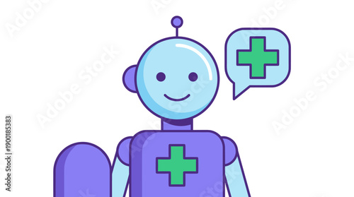 Friendly Medical Robot Assisting with Healthcare Needs: A Cheerful AI Companion Offering Health Advice and Support with a Positive Attitude in a Modern, Illustrated Style