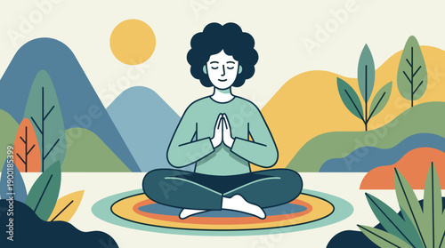 Serene Mindfulness: Woman Meditating in Nature, Finding Inner Peace and Balance Through Yoga and Relaxation, A Vector Illustration for Wellness and Healthy Lifestyle Promotion