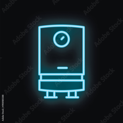 Blue glowing neon icon of a residential water heater with a temperature dial and a small bar underneath