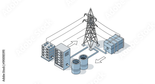 Isometric diagram showing electrical power distribution from a transmission tower to servers and cooling units.