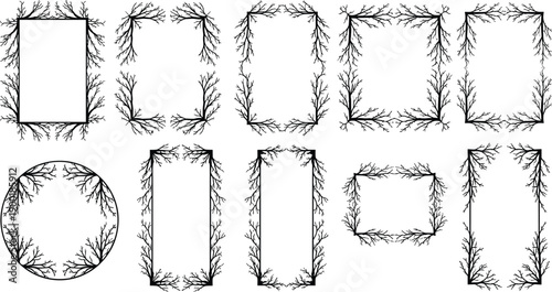 Natural, branch, borders, set, with, tangled, twigs, and, roots, circular, rectangular, frames, vector, illustration, black, line, art, decorative, elements, design