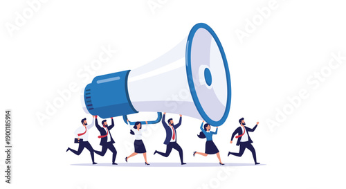 Diverse business team running and carrying a huge megaphone, representing loud marketing and outreach.