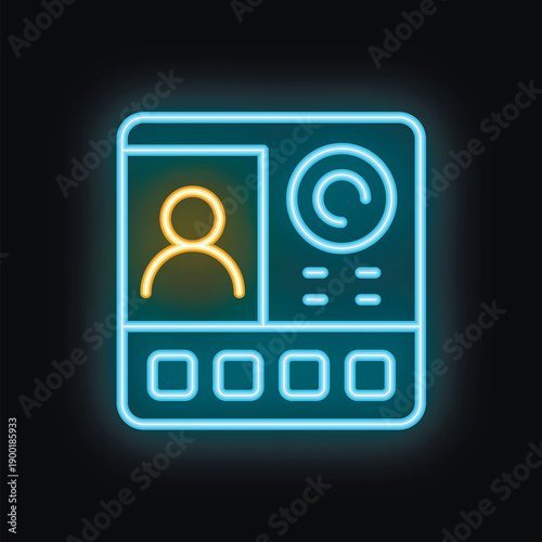 Glowing neon icon of a modern intercom system featuring a user profile, control buttons, and a central control panel