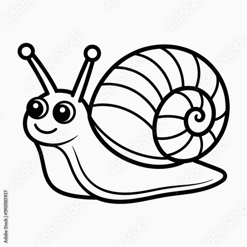 A charming black and white illustration of a snail with antennae and a shell. isolated on white background, Vector, illustration