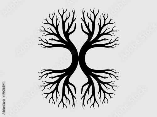 Abstract black and white illustration of a symmetrical branching tree structure isolated on white background, Vector, illustration