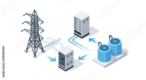 Isometric diagram illustrating power and cooling systems for a data center with servers and a transmission tower.