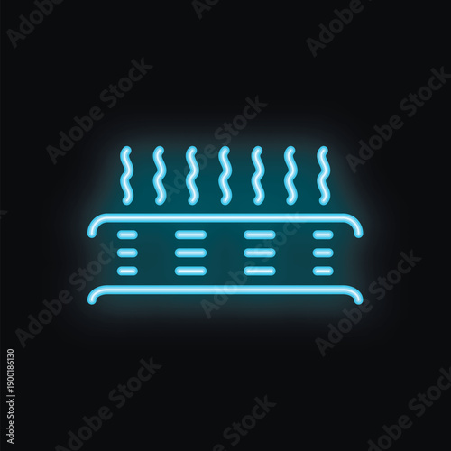 Blue neon icon of a breathable material illustrating airflow passing through a surface