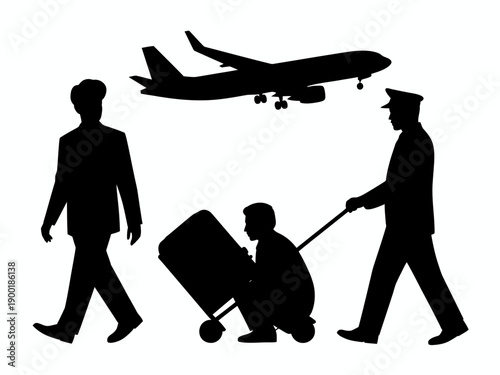 Business travelers and airport ground staff with luggage and airplane in background isolated on white background, Vector, illustration