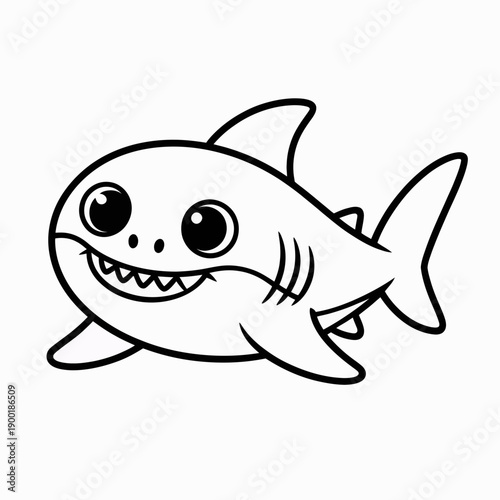 A cheerful cartoon shark with big eyes and a wide smile swimming in the ocean isolated on white background, Vector, illustration