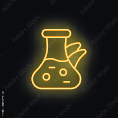 Yellow glowing neon sign depicting a science experiment, with an erlenmeyer flask containing a bubbling liquid on a black background