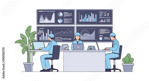 Dedicated data analysts monitoring multiple large screens with complex graphs and charts in a high-tech control room