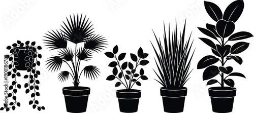 Potted, houseplant, collection, indoor, botanical, greenery, silhouettes, set, vector, illustration, black, and, white, leaves, nature, home, decor, garden, icons, design
