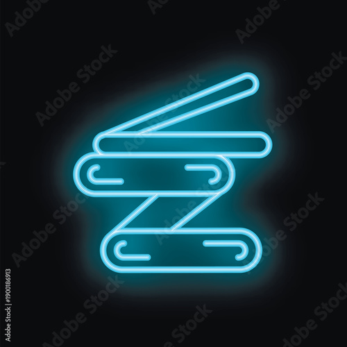 Blue glowing neon sign depicting a multitool with pliers extended, isolated on a black background