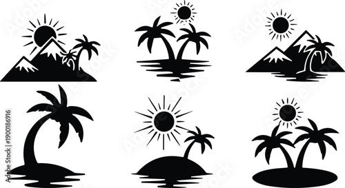 Tropical, summer, island, beach, palm, tree, sun, mountains, ocean, landscape, silhouettes, set, collection, vector, illustration, black, and, white, travel, vacation