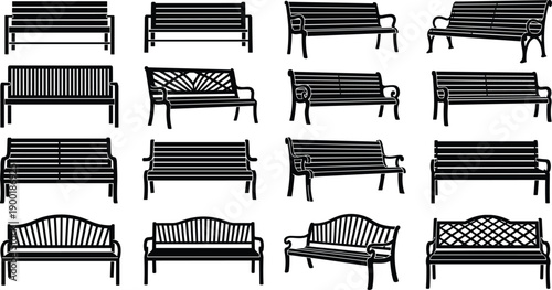Park bench silhouette icon set with wooden outdoor seating designs, black furniture symbols for urban park, garden, vector illustration
