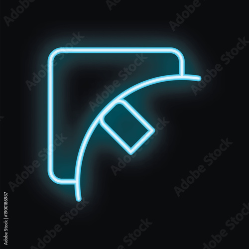 Blue neon icon of a floppy disk being inserted into a saving device, on black background