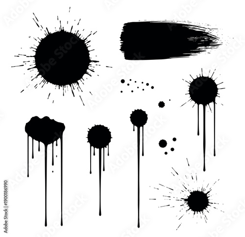 Ink splatter and paint drip elements set, grunge brush strokes and abstract blot textures vector collection on transparent background