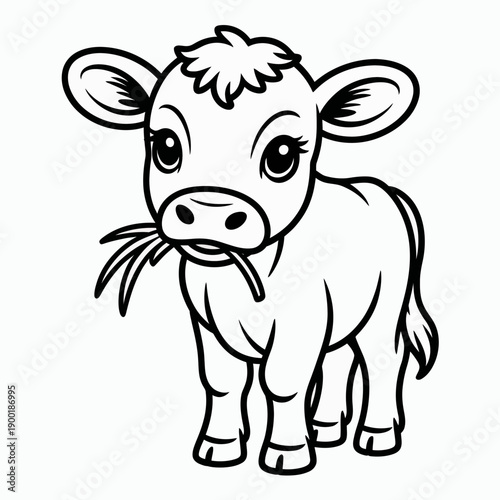 A cheerful black and white cartoon calf standing and looking directly at the viewer isolated on white background, Vector, illustration