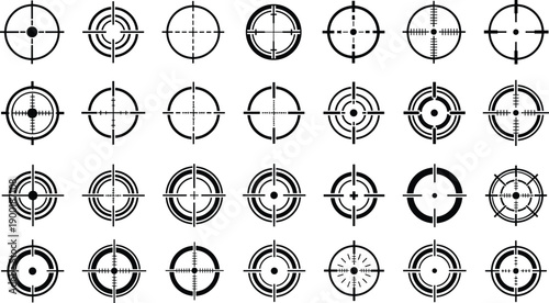 Target crosshair icon set with aiming reticle symbols, sniper scope graphics for shooting, gaming, military, security design, vector illustration