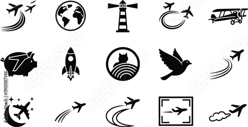 Travel and flight icon set with airplane, world, lighthouse, rocket, bird, piggy bank symbols for tourism design, vector collection
